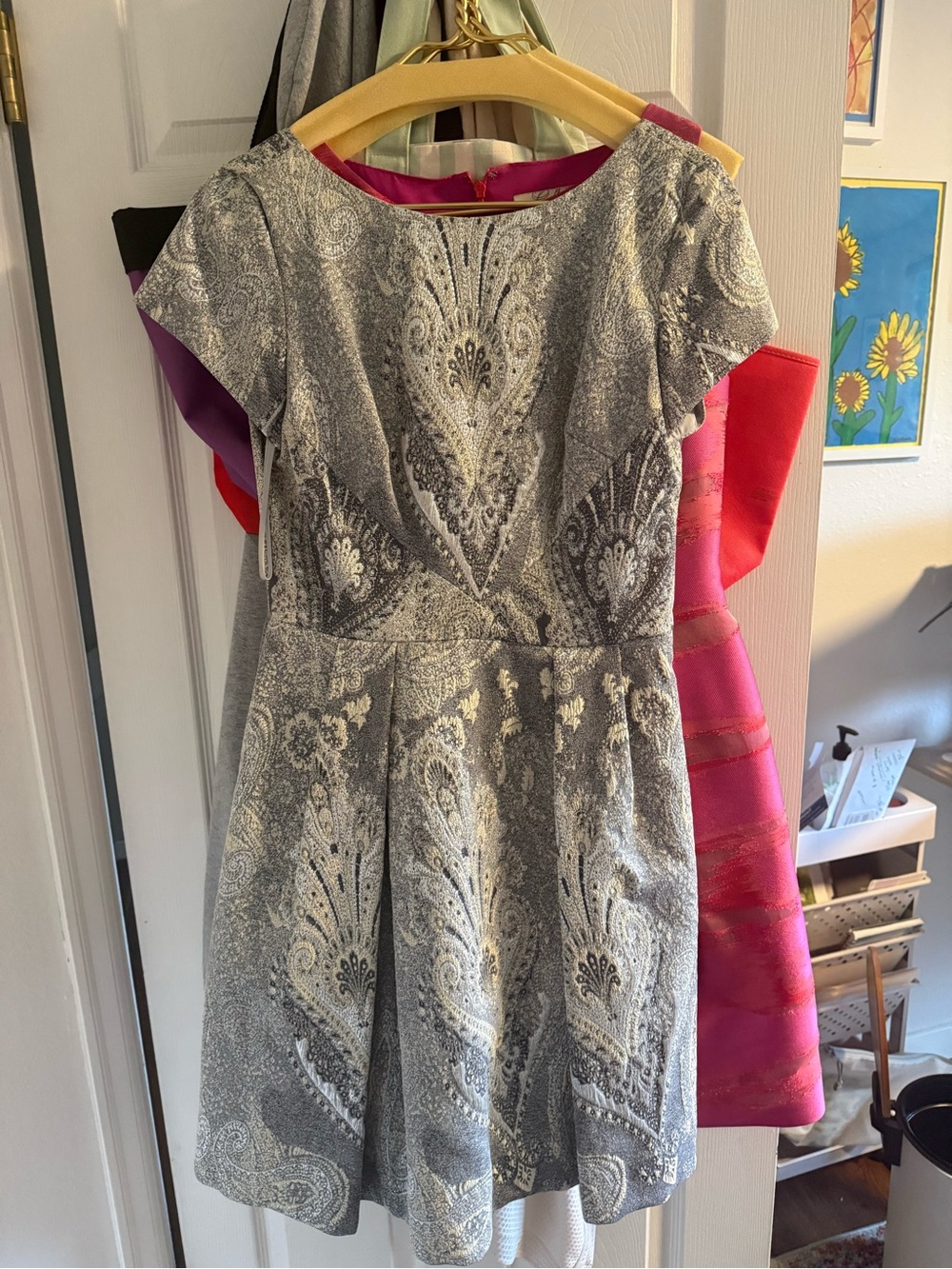 Theia Silver-Gray Paisley Fit & Flare Mini Dress